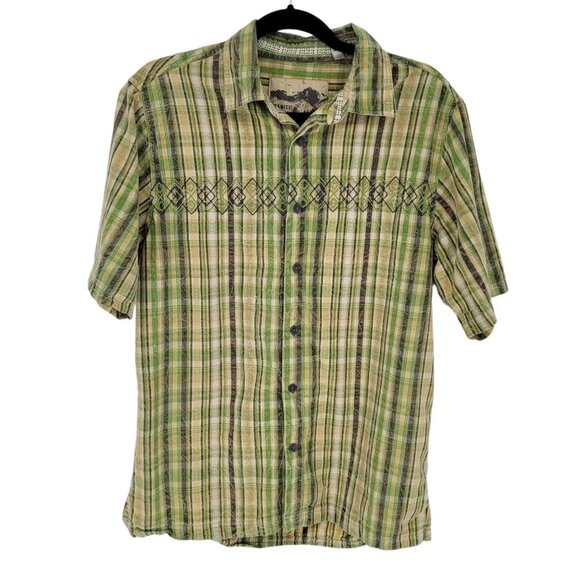 Gramicci mens medium green brown plaid button up short sleeve shirt embroidered - Picture 1 of 11